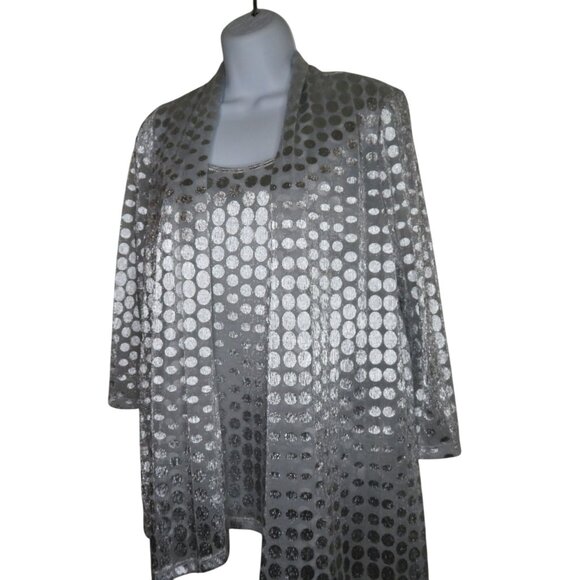 New Onyx Nite Silver Metallic Polka Dot Tank Top & Sheer Cardigan Set Womens S - Picture 2 of 11